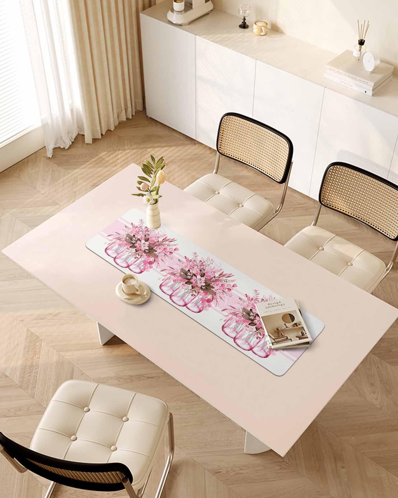 Debedcor Heat Proof Table Pads Waterproof Decorative, Pink Eucalyptus Leaves Non-Slip Table Countertop Protector, Farmhouse Spring Summer Botanical Insulation Mat for Dining Room, 48 x 12 Inches