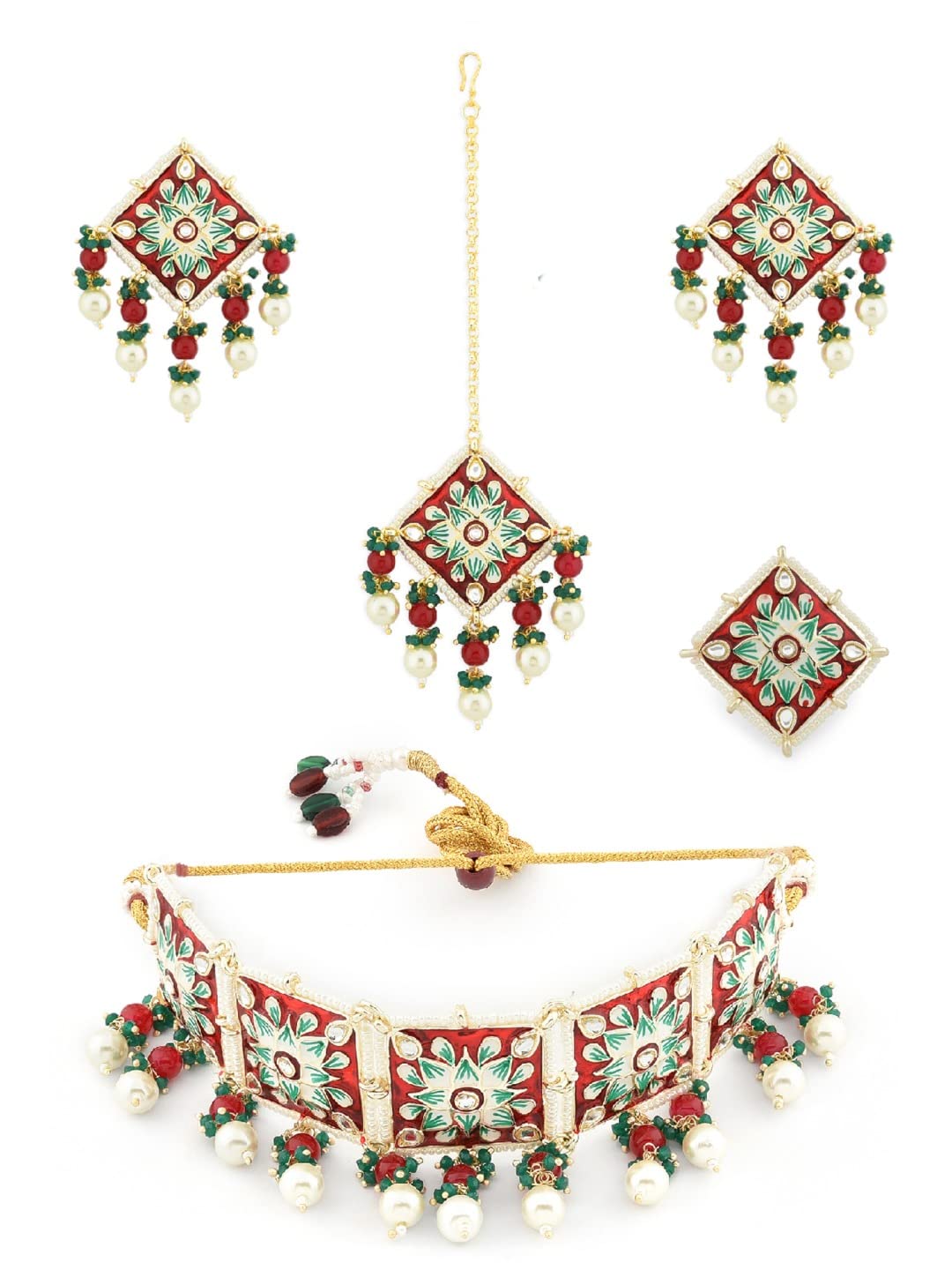 ZAVERI PEARLS Red & Green Meenakari Floral Choker Necklace Earring Maangtikka & Ring Set For Women-ZPFK12223 (B09RWRC2MG) Amazon Price History, Amazon Price Tracker