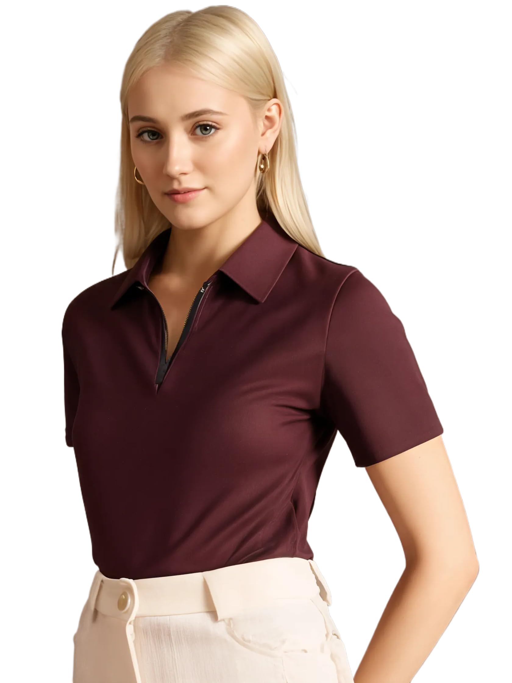 Ribbed |Regular Fit | Half Sleeves 100% Cotton Polo Neck Self Design with Zip T-Shirt for Women-M950