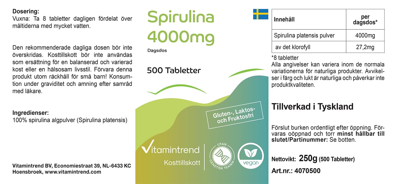 Vitamintrend Spirulina 4000 mg per dose giornaliera, 500 compresse, 100% Spirulina platensis, integratore alimentare vegano senza magnesio stearato, prodotto in Germania