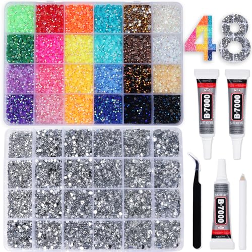 2 Boxes Rhinestones for Bedazzling Kits Multicolor 3mm & Silver Clear 2/3/4/5/6mm Resin Flatback Gems for Diamond Art Bedazzler Kit with 3Pcs 10ml B7000 Jewelry Glue for DIY Crafting Crafts Decor