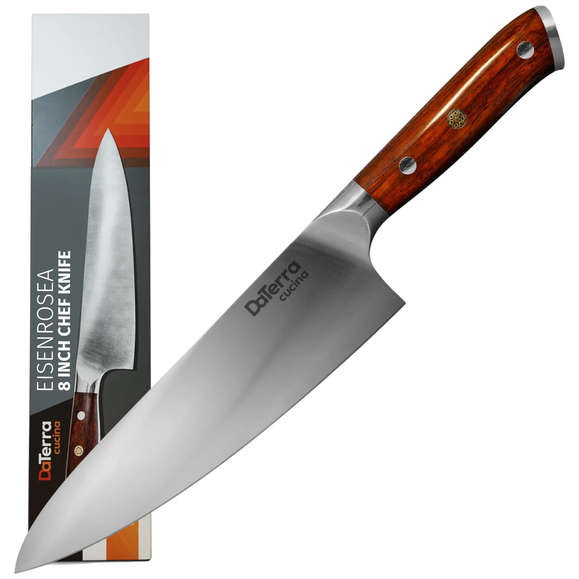 DaTerra Cucina - 8 Inch Chef Knife – German Steel Professional Kitchen Knife with Ergonomic Rosewood Handle, Sharp, Durable, Easy to Clean | Ideal for Chopping, Slicing & Dicing