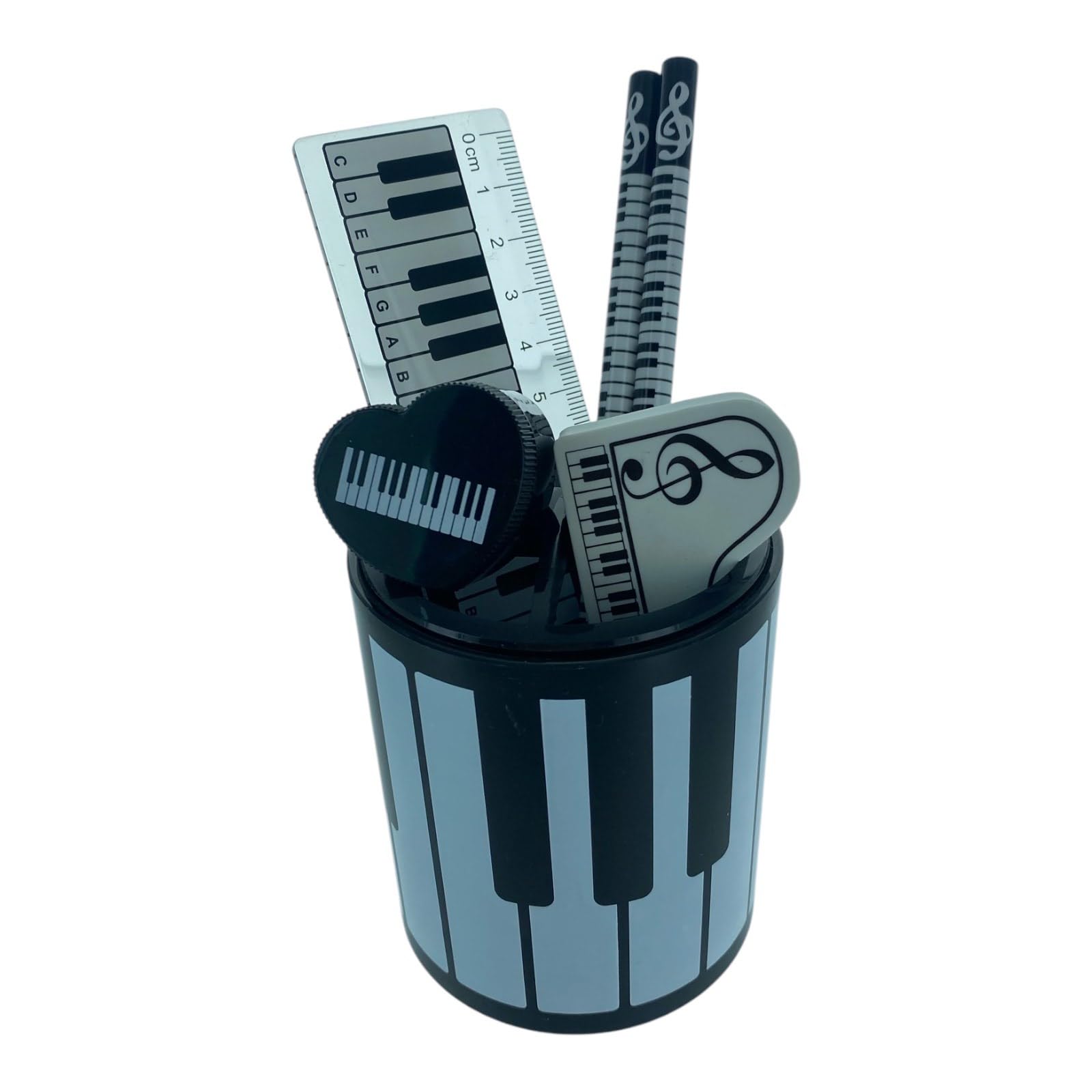 PartyErasers Music Pen Holder Gift Set – Keyboard Desk Tidy Organiser with Stationery (2 Pencils, Ruler, Eraser, Sharpener) – Music Lover Gift, Office & School