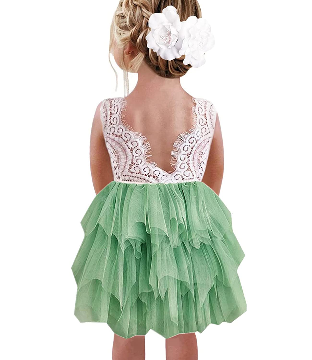 Vestito da bambina in pizzo con scollo a V, senza maniche, soffice, in tulle, da principessa, da festa