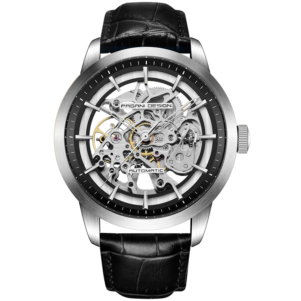 Pagani Design 1638 - Reloj de pulsera automático para hombre, con esfera de esqueleto, correa de piel auténtica, reloj de pulsera mecánico analógico hueco informal