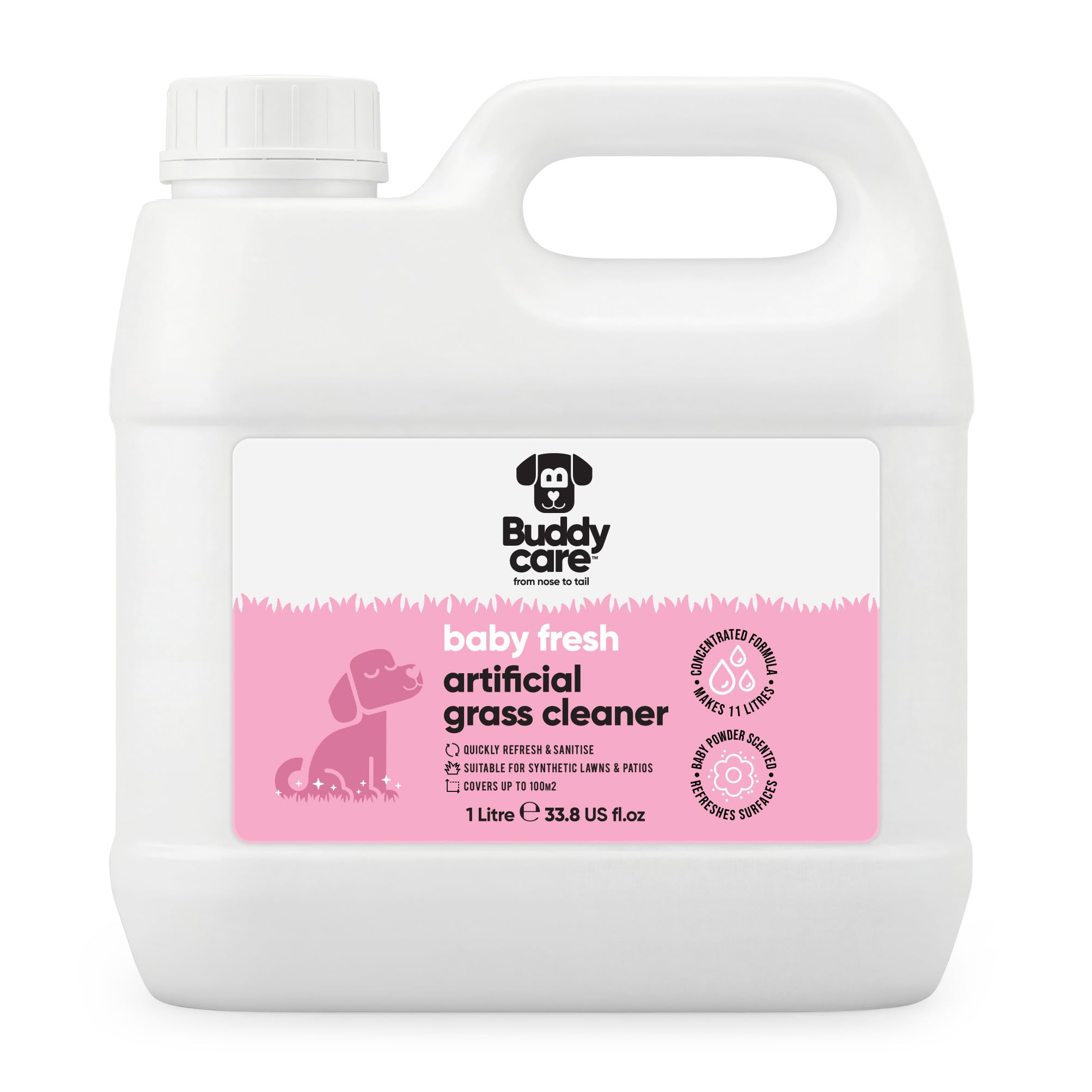 Buddycare Artificial Grass Cleaner Concentrate - Baby Fresh Scent - 1L - Outdoor Surface Cleaner for Synthetic Lawns & Patios, Fast Acting Odour Remover & Sanitiser, Makes 11L, Covers up to 100m²