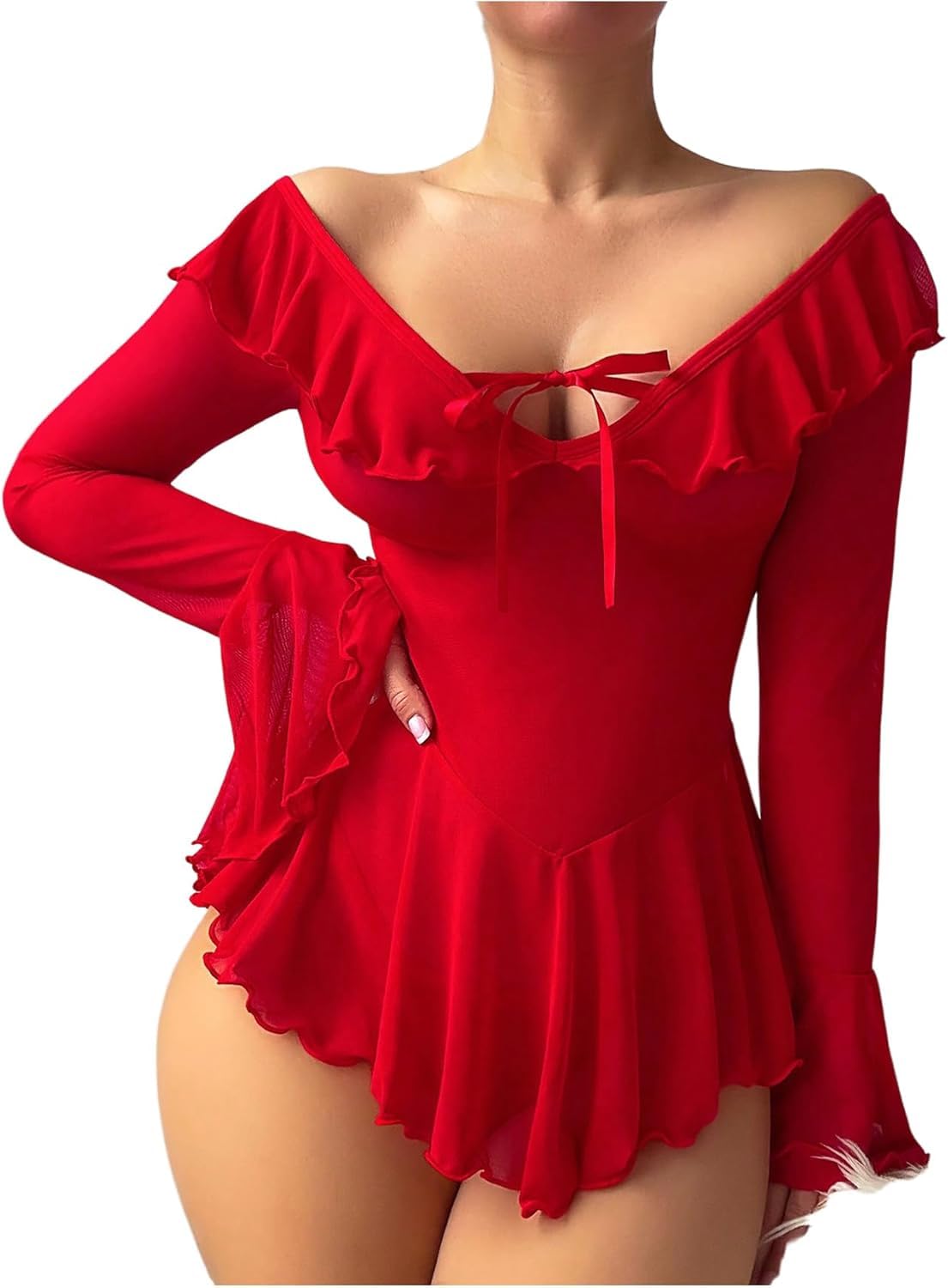 Neohouny Sexy Lingerie for Women Rave Outfits Clubwear See Through Lingerie Sets Bell Sleeve Ruffle Mesh Tops: Red Small
