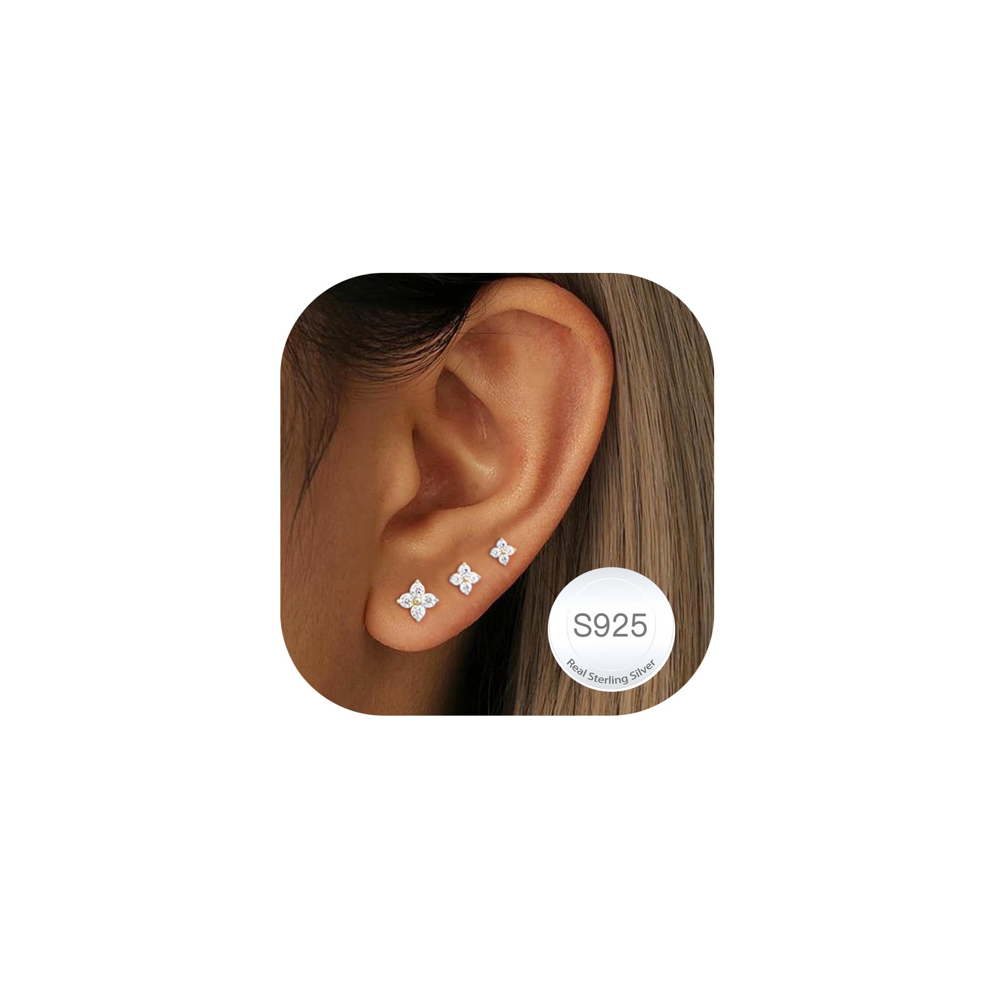 RAJPUTANA 3 Paare Kleine Ohrringe Sterling Silber für Damen Set Hypoallergen 14K Gold Ohrstecker Zartes CZ Stern Punkt Herz Ohrstecker Ohrringe 925 Silber Set Schmuck Geschenke