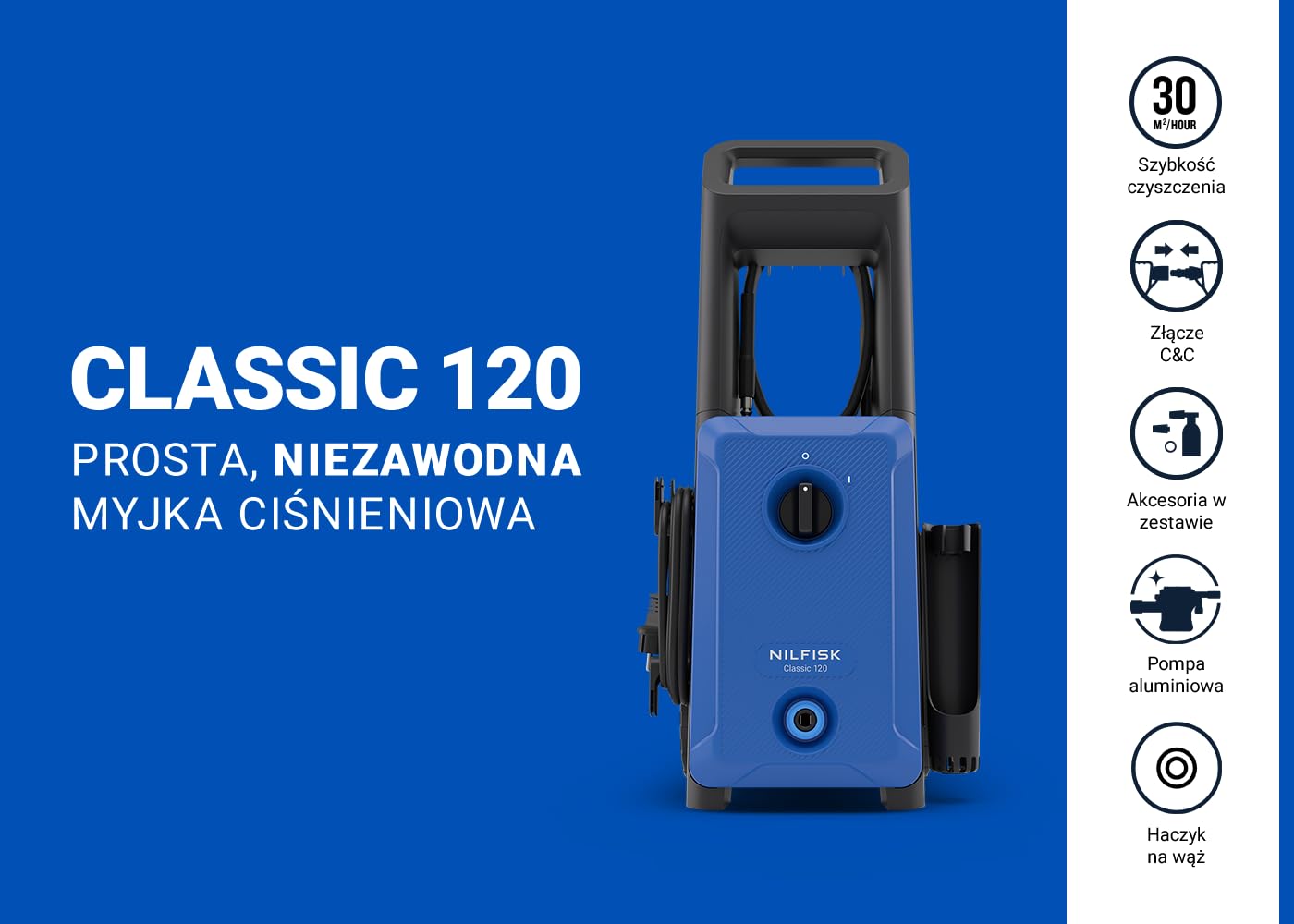 Nilfisk Classic 120 Bar myjka ciśnieniowa – łatwa w obsłudze do mycia samochodu, tarasu i powierzchni zewnętrznych (1600 W)