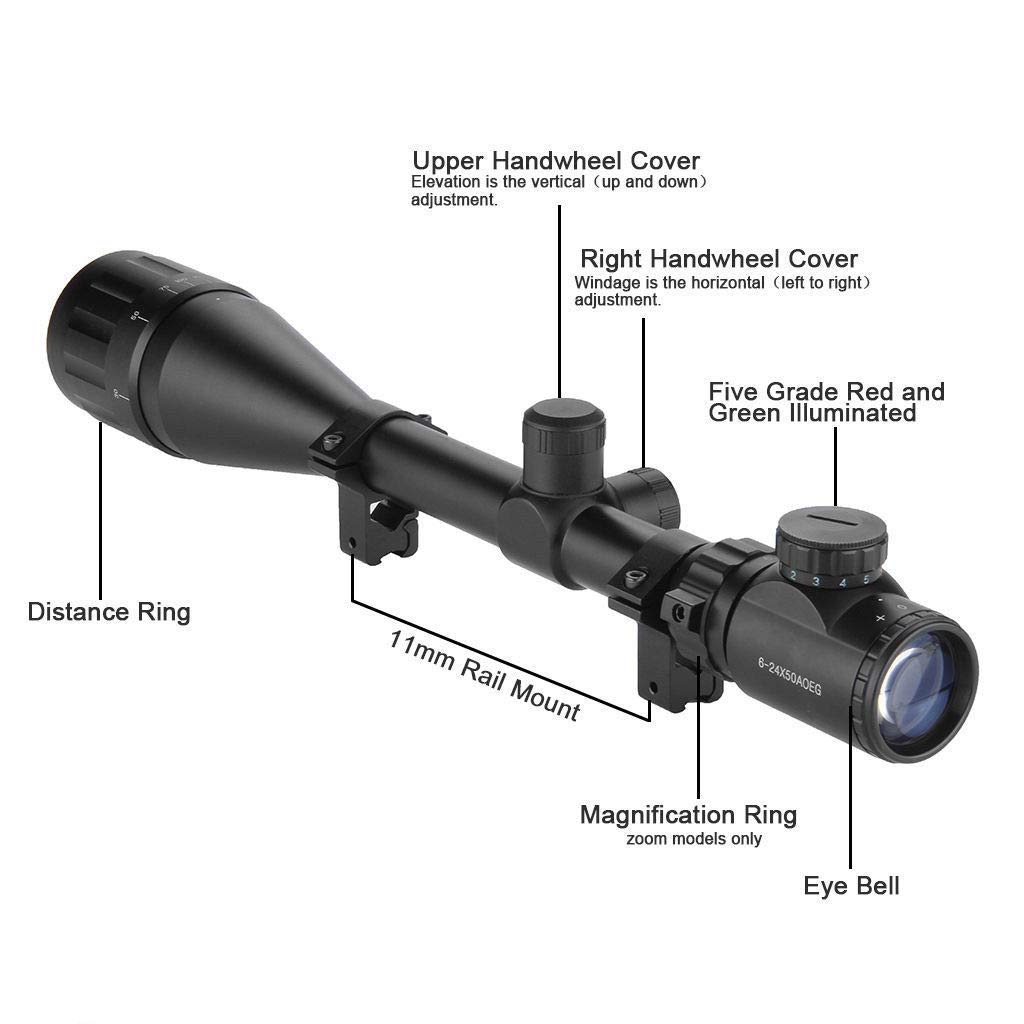 Aufun Lunette 6-24x50AOEG Réticule Mil-Dot Anti-buée Points de Visée Rouges Verts 11mm Montures Chasse Sport Tactique