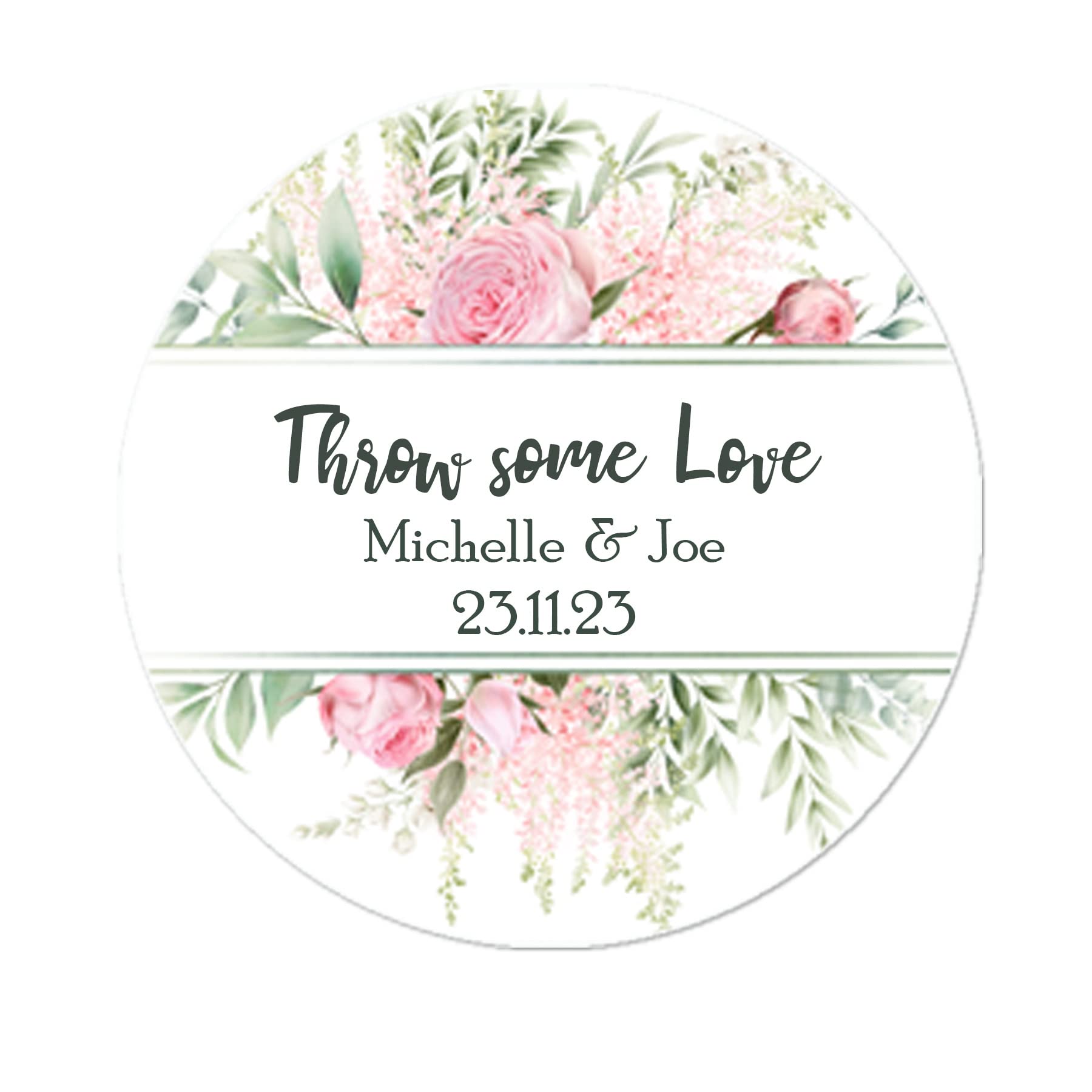 35 Personalised Confetti Wedding Stickers Sprinkle The Love, Throw me, Cone Bags Favour Luxury (Pink)