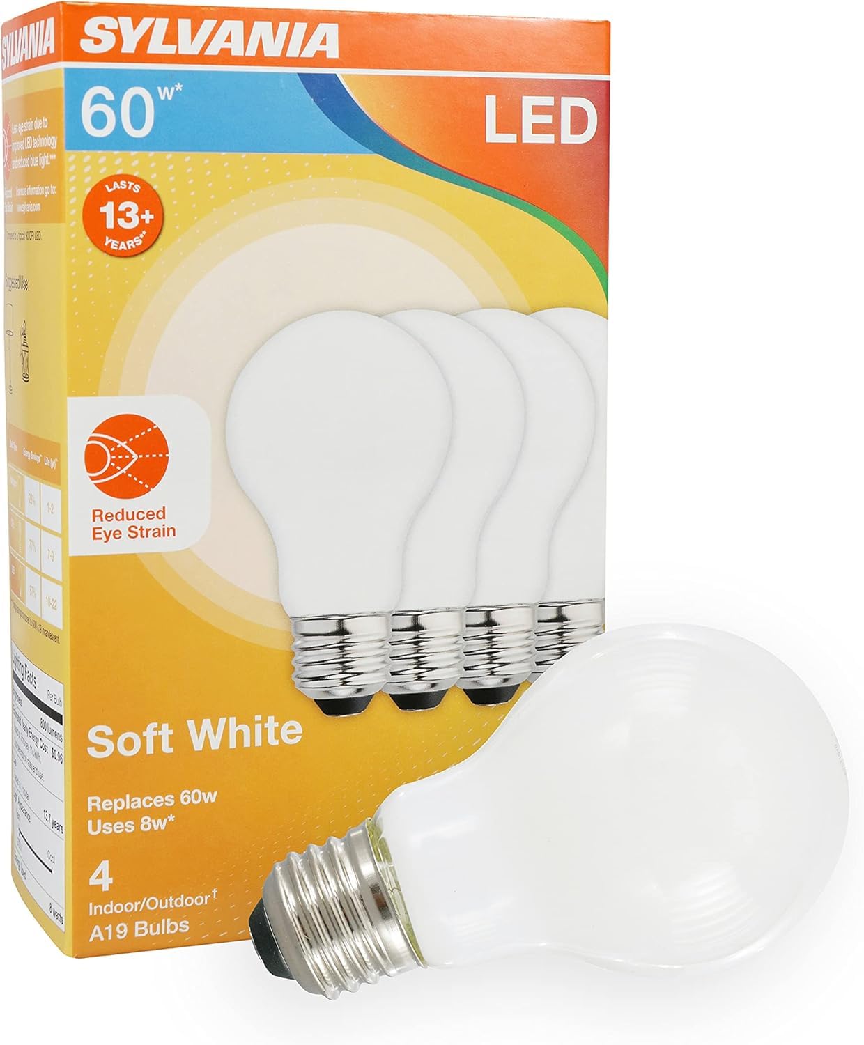 SYLVANIAReduced Eye Strain A19 LED Light Bulb, 60W = 8W, 13 Year, Dimmable, Frosted, 2700K, Soft White - 8 Pack