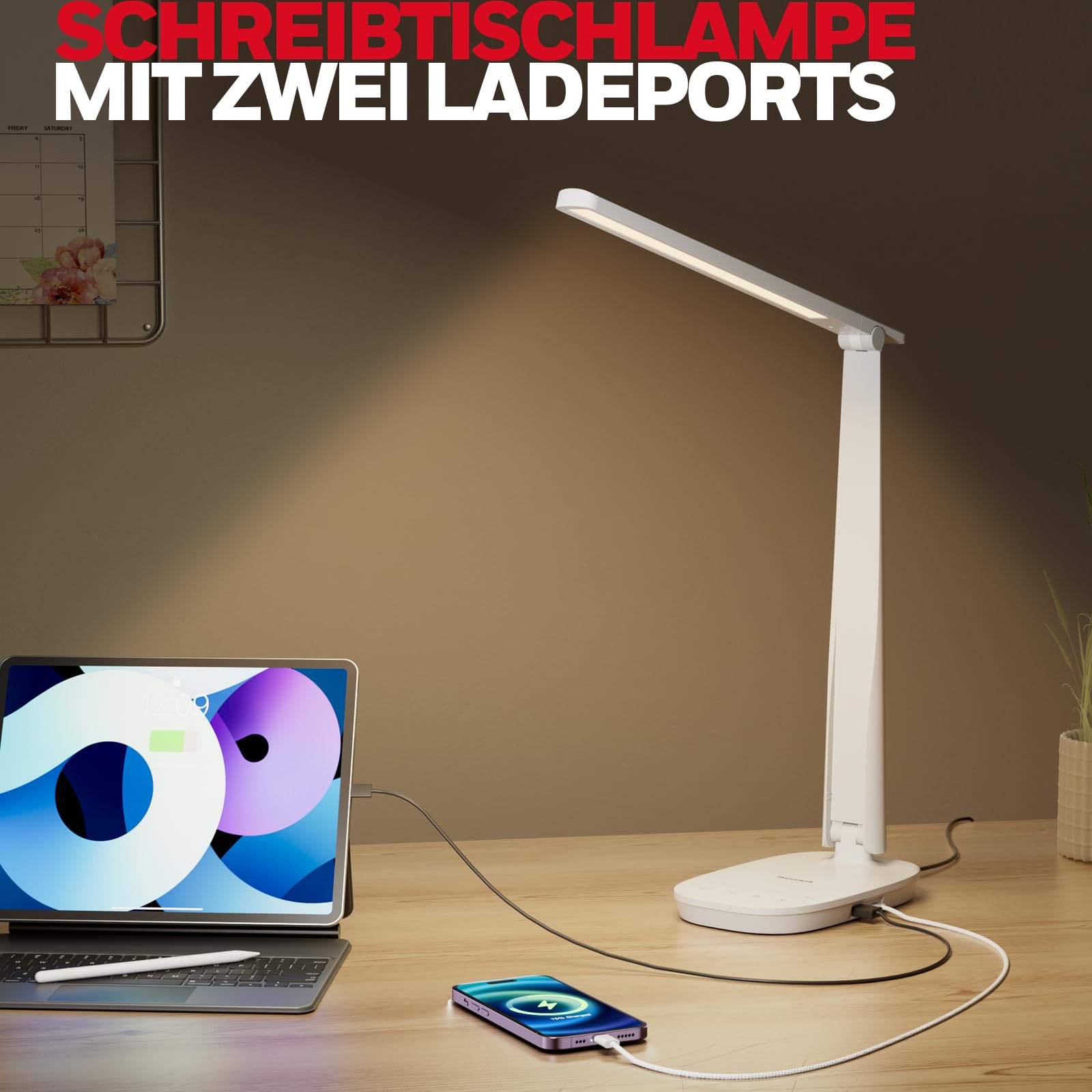 Honeywell HWT-H2 LED Schreibtischlampe, Augenschonend, Vollspektrum | CRI94 Vollspektrum | Augenschonendes Licht | 4 Farbmodi | USB-A & USB-C Laden | Faltbares Touch-Design