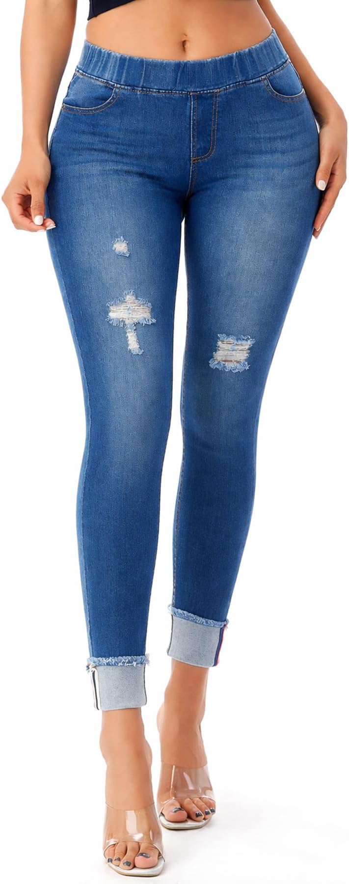 Women’s Stretch Denim Pull On Jeans with Pockets – Ripped Distressed Elastic Waist Jeggings Skinny Denim Pants