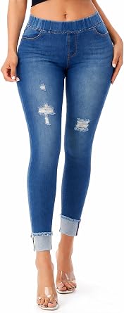 Jvini Womens Stretch Denim Pull On Jeans with Pockets Ripped Distressed Elastic Waist Jeggings Skinny Denim Pants