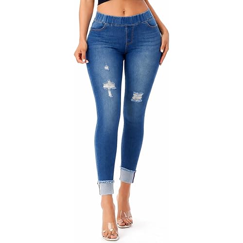 Jvini Women’s Stretch Denim Pull On Jeans with Pockets – Ripped Distressed Elastic Waist Jeggings Skinny Denim Pants