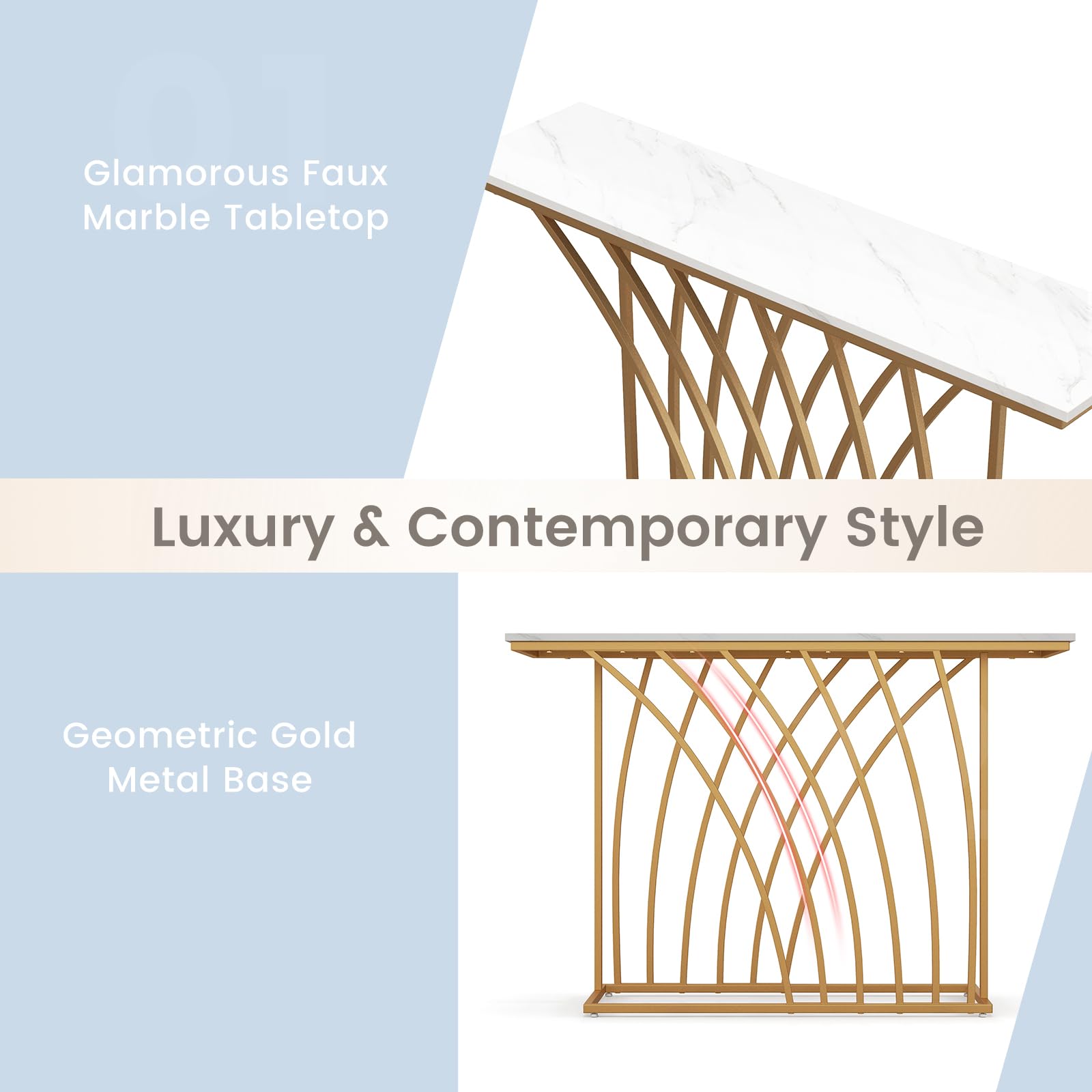 LIFEZEAL Tavolo Console Moderno, Effetto Marmo, Tavolo d’Ingresso, Telaio in Metallo, Piedini Regolabili, Salvaspazio, Corridoio, Soggiorno, Entrata, Max 20kg, 120x30x80cm, Oro