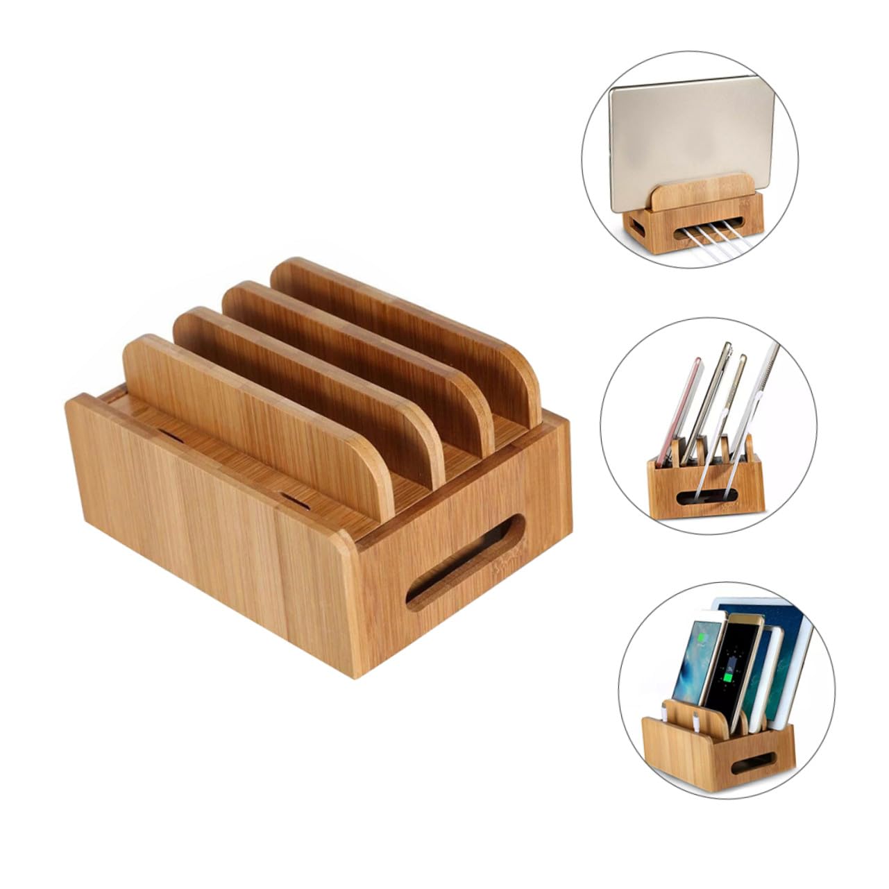 Homoyoyo Supporto per Telefono e Tablet in Legno con Stazione di Ricarica USB Multi-dispositivo, Organizzatore da Tavolo con Scomparti per Gestione Cavi, per Scrivania Ordinata