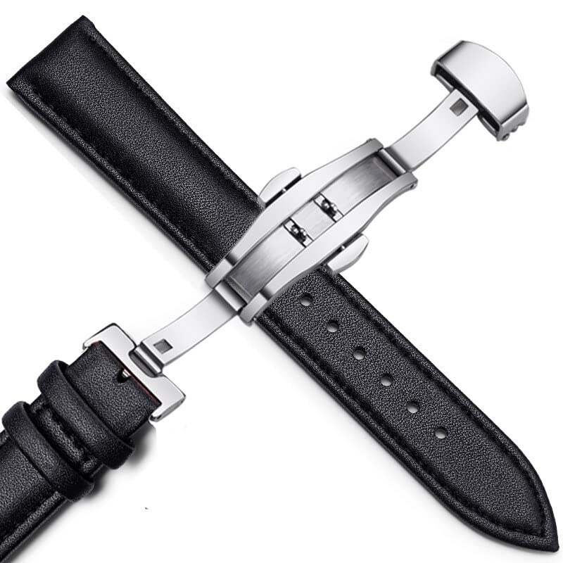 Image of 18mm 19mm 20mm 21mm 22mm 23mm 24mm Genuine Leather Butterfly Deployment Clasp Buckle Watch Band Strap Black Dark Brown TAN Blue Rose Black Gold White