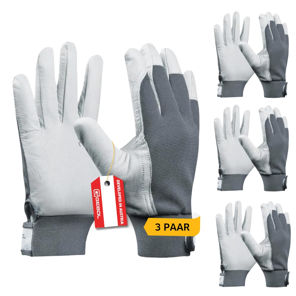 Gebol Uni Fit Comfort, 3 Paar Arbeitshandschuhe aus hochwertigem Leder, Handschuhe Herren für Bau, Mechanik & Garten, elastischer Bund & Klettverschluss, Sicherheitshandschuhe Gr. XXL/11, Weiß/Grau