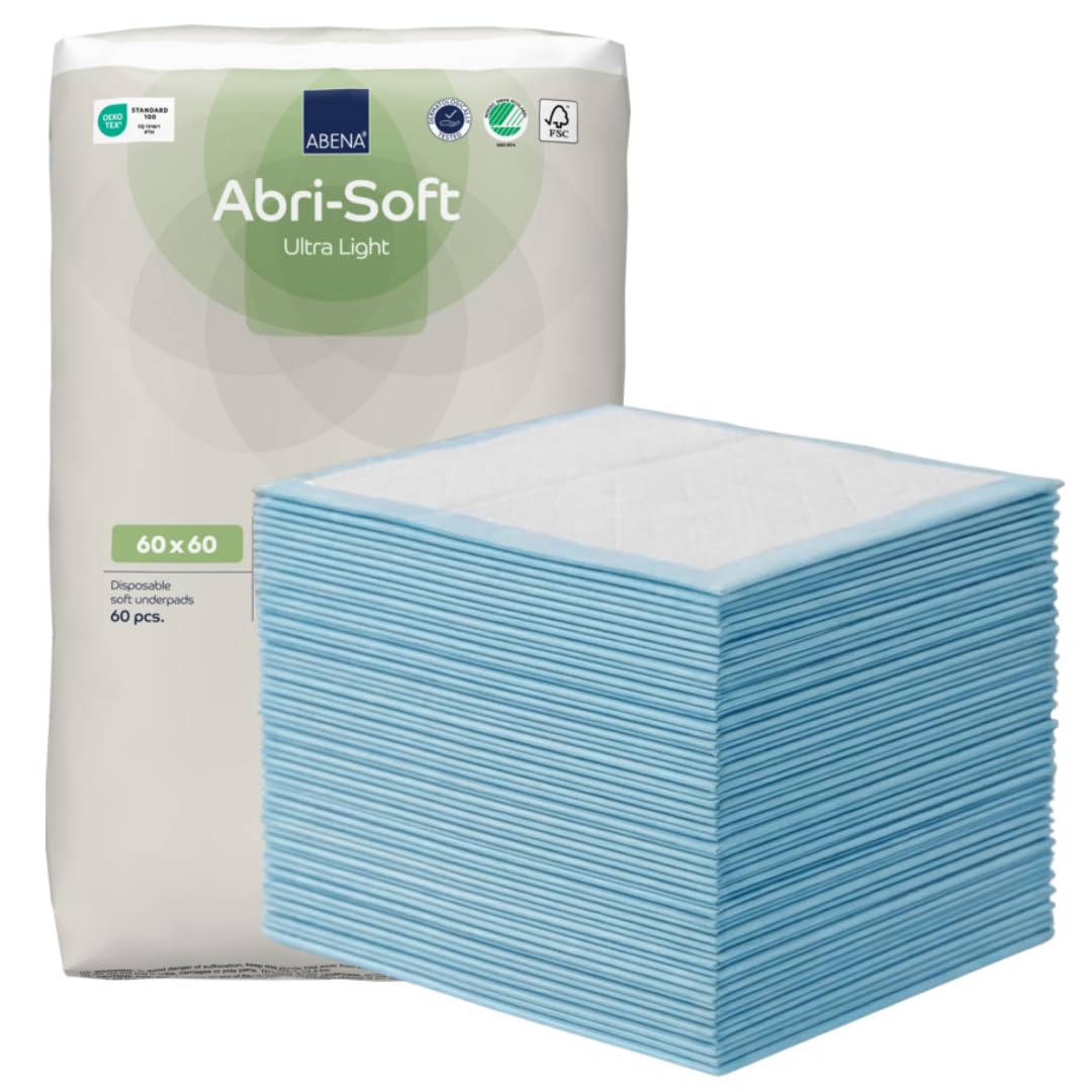 ABENA Abri-Soft Ultra Light Disposable Incontinence Bed Pads, Eco-Labelled Incontinence Underpads, Leak Protection, Soft & Secure Bed Protectors For Incontinence - 60x60cm, 700ml, 60PK