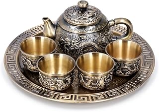 Teeservice Teekanne Vintage Set Türkisch Marokkanisch aus Zinklegierung 6 Teilig mit Drachentotem Relief Antik Bronze, Deko Geschenk für Orientalisches Teegeschirr
