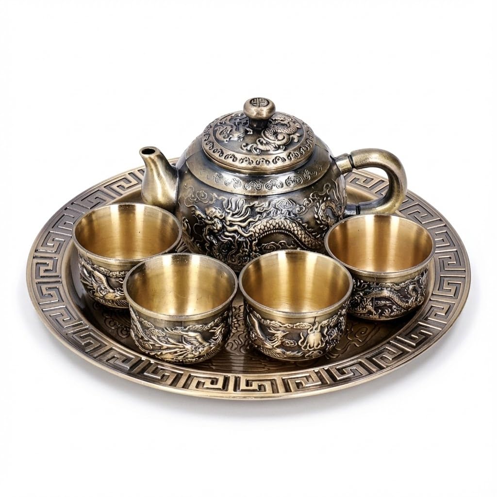 Théière marocaine vintage en alliage de zinc sculpté dragon avec 4 tasses