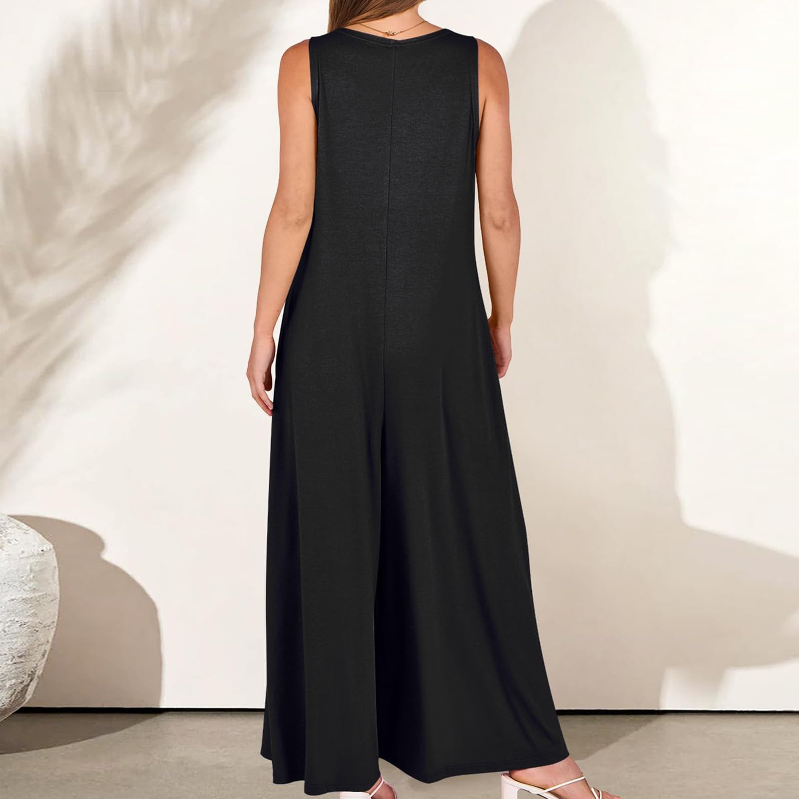 Mono Mujer Jumpsuit Sin Mangas Largo Pierna Ancha Pantalón Rompers Verano Tirantes Anchos Overol Cuello en V