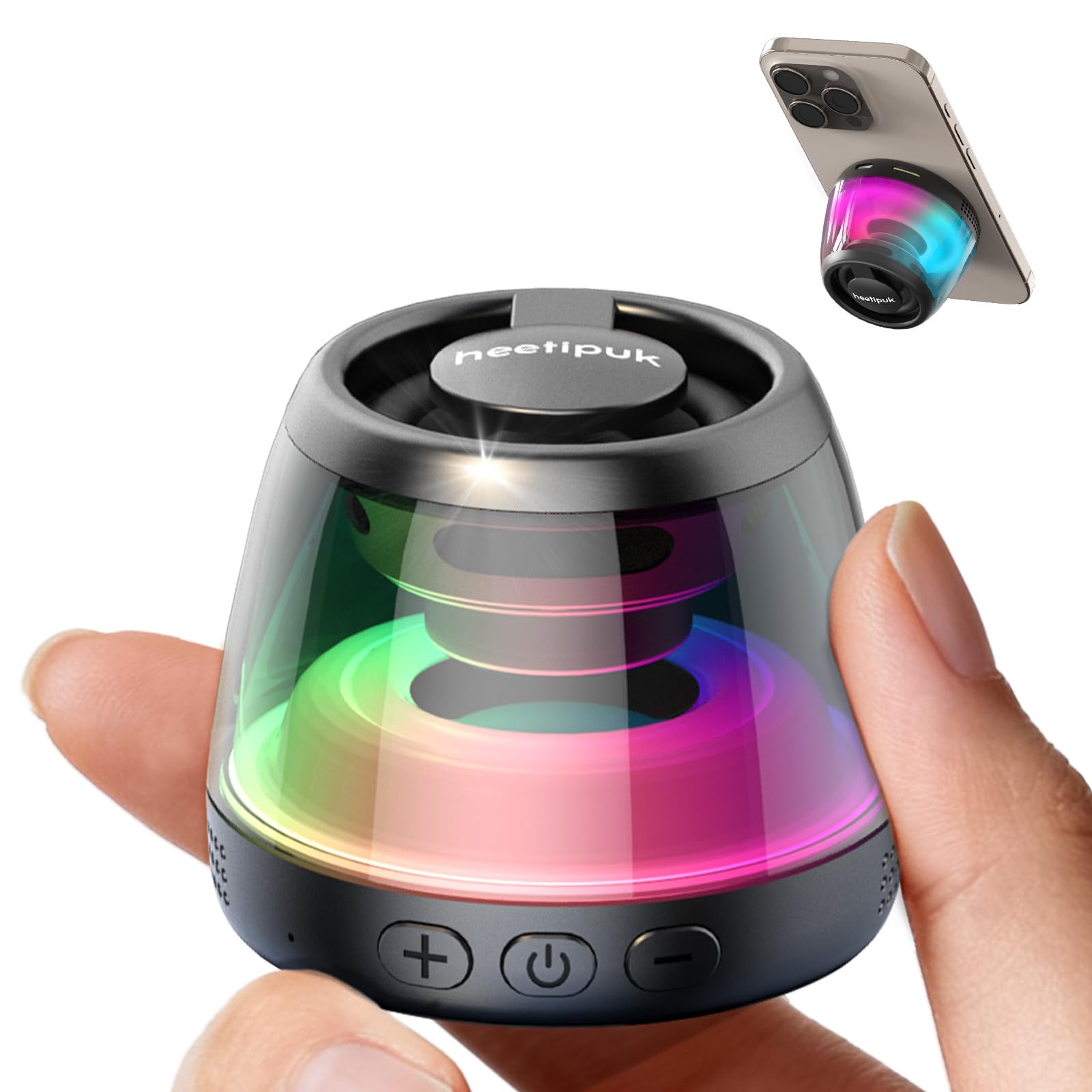 Mini Magnetic Bluetooth Speaker, Loudspeaker with Bass Diaphragm, 5W Internal-Magnet Speaker, 7H Playtime,TWS, RGB Light, TF Card Slot, Including Magnetic Ring and Lanyard, As Phone Stand
