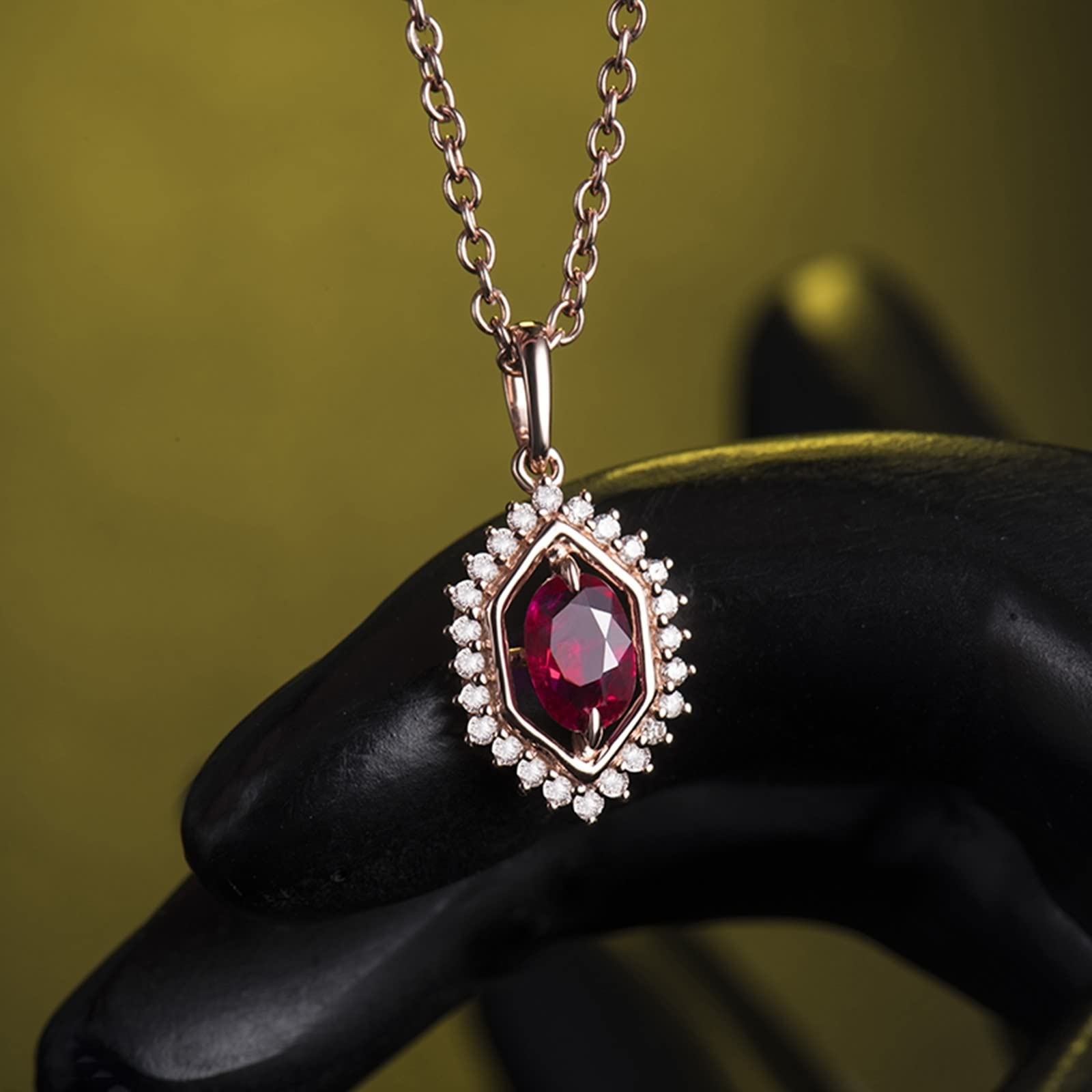 AMDXD Collar para mujer, oro rosa 750, colgante hexagonal con rubí rojo de 0,48 ct, regalo para mujeres, esposa, madre, novia, oro rosa