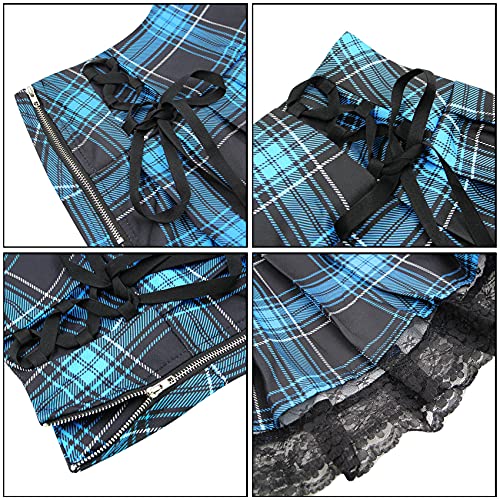 Suillty Women Girls High Waisted Gothic Pleated Skirt Plaid Lace Up A-Lined Mini Skirt Punk Lace Patchwork Blue #TOP6
