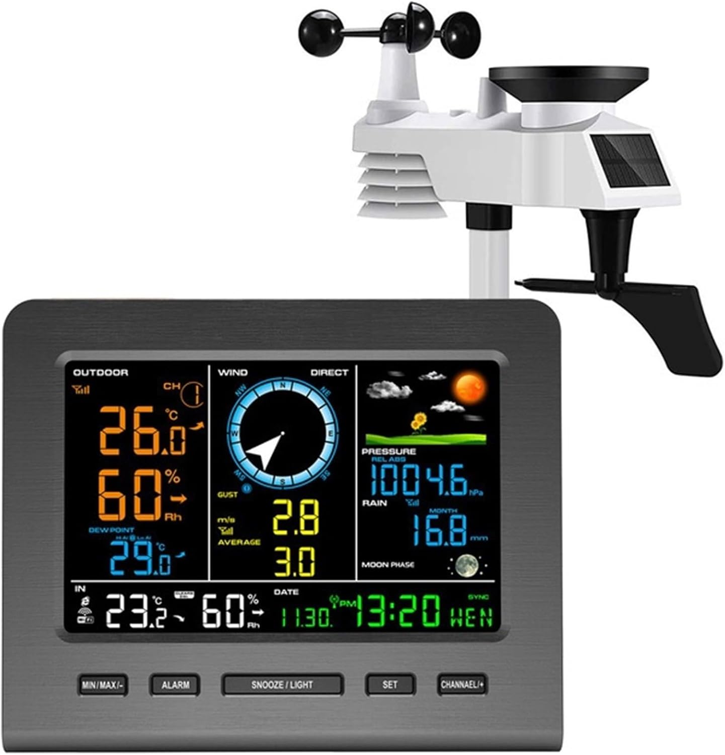 Draadloos weerstation, Internet Draadloos weerstation Weersverwachting Temperatuur Druk Vochtigheid Wind Regenmeter Maanzin Wekkertester, digitale klok, alarm(Radio Transmission)