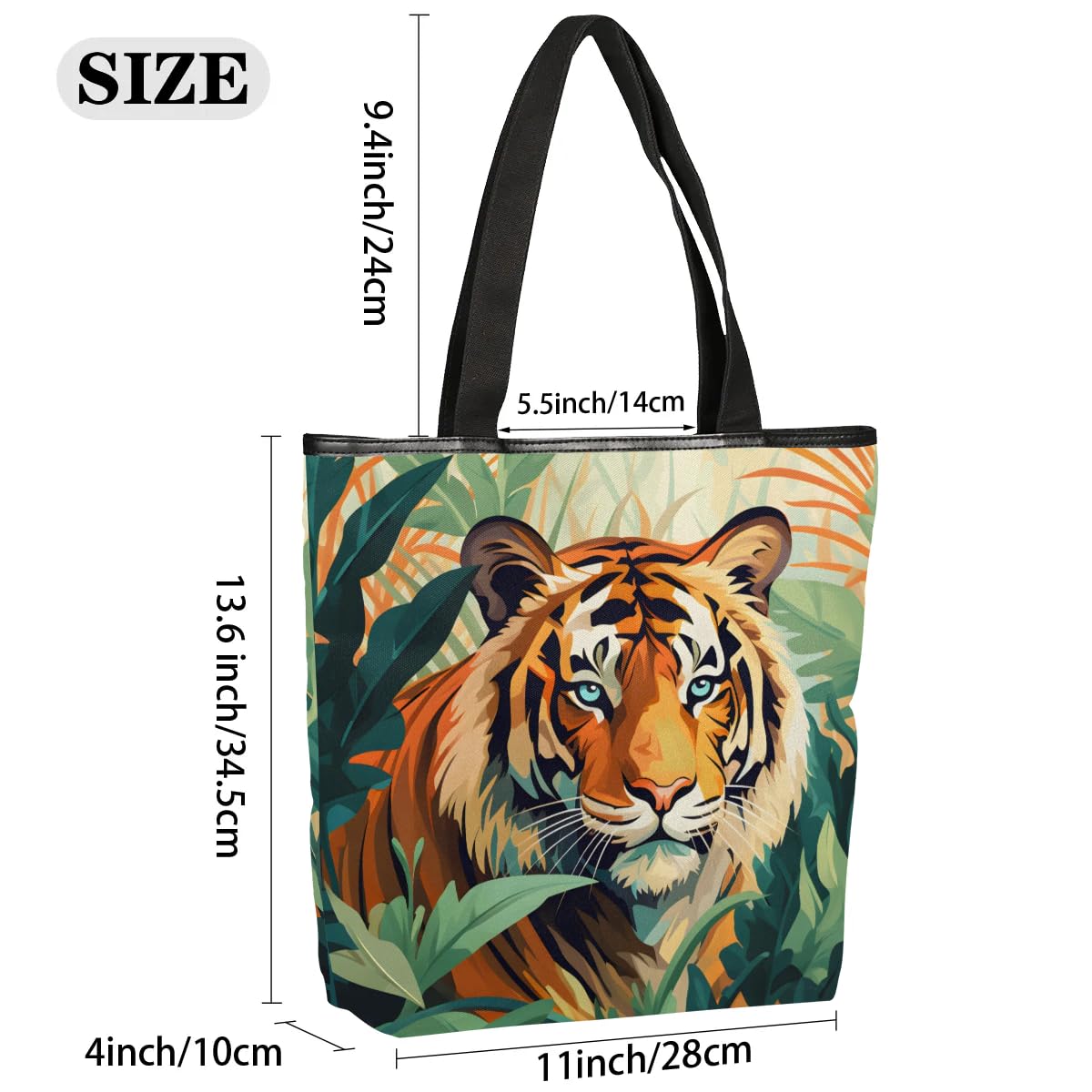 Mularoka Tropical Leaf Tiger Watercolour Canvas Tote Bag with Zipper and Pockets Canvas Tote Shopping Bag Women Reusable Grocery Bag for Beach Travel Gym Shopping