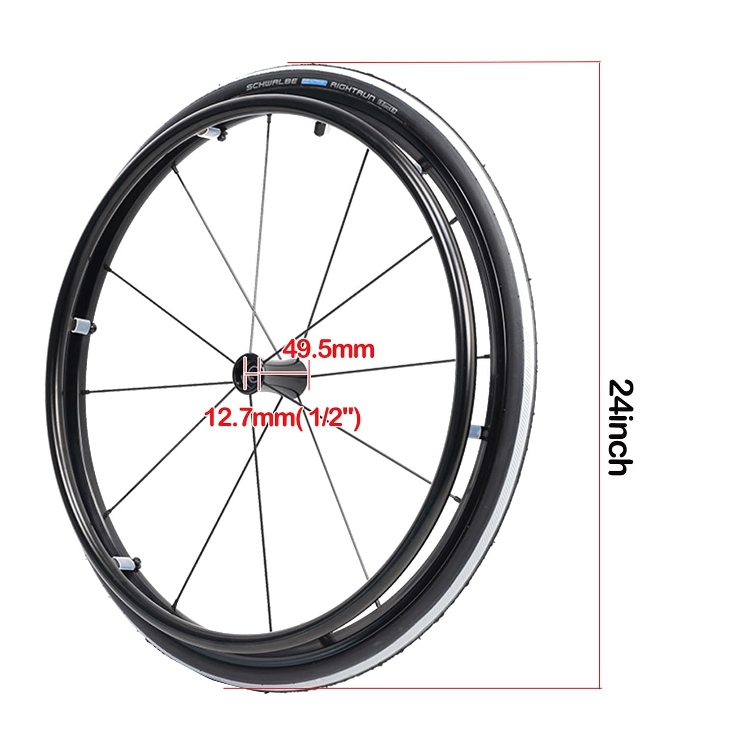 Ruedas de Repuesto para Silla de Ruedas de 24 pulgadas, Conjunto de Ruedas Traseras para Silla de Ruedas Deportiva, Ruedas Neumáticas Antideslizantes con Cubos de Aluminio, Rodamiento: 1/2"(12.7mm)