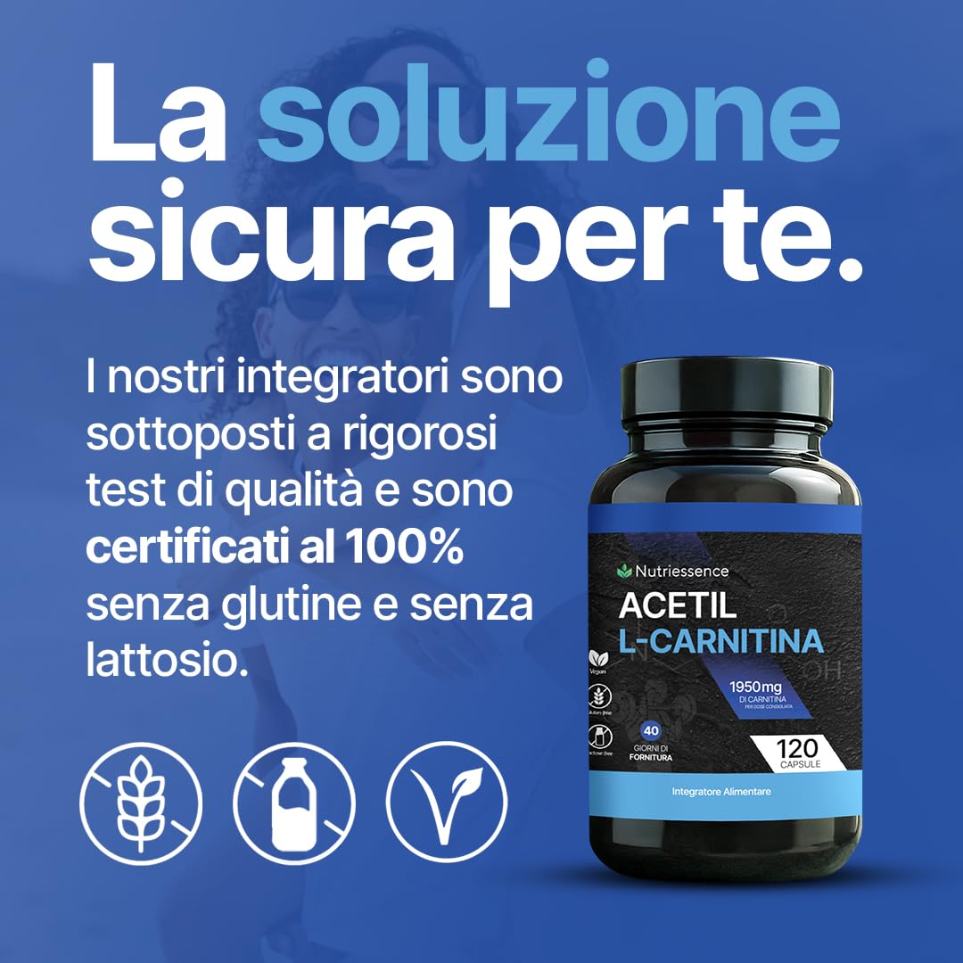 Acetil L-Carnitina 1950 mg Extra Dosaggio | 120 Compresse Maxi Formato fino a 2 Mesi | Integratore Naturale per Energia, Metabolismo,Concentrazione e Forza Mentale |Senza Glutine e Lattosio |