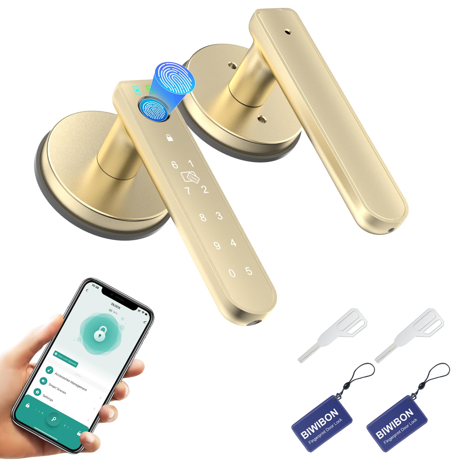 BIWIBON Fingerprint Door Lock, 5 in 1 Smart Door Knob with Smart APP/IC Cards/Password/Backup Keys, Fingerprint Door Knob with Keypad for Bedroom, Office, Apartment, Gold