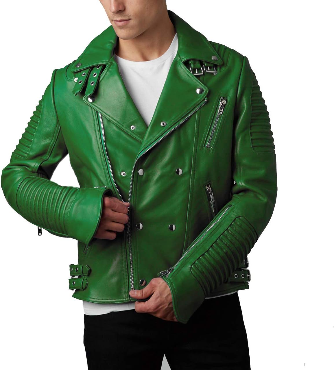 Men's Genuine Lambskin Leather Motorcycle Slim Fit Biker Bomber Jacket RM122