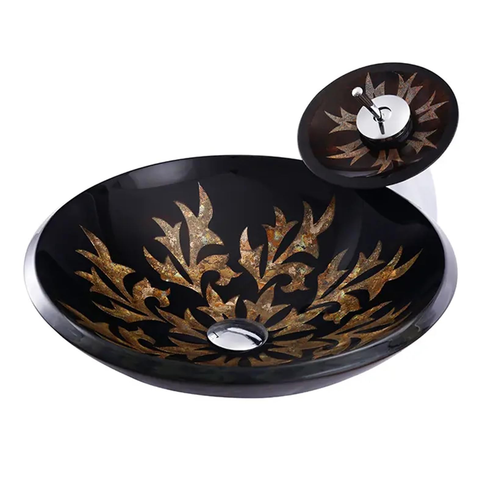 ASerZenith Bathroom Vessel Sink,18" Tempered Glass Vessel Sink,Artistic Round Bathroom Basin Bowl With Waterfall Faucet And Pop-Up Drain Combo,Countertop Installation