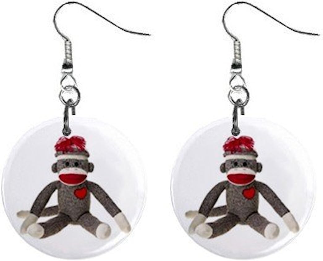 Sock Monkey Dangle Button Earrings Jewelry 1 inch Round 26402362