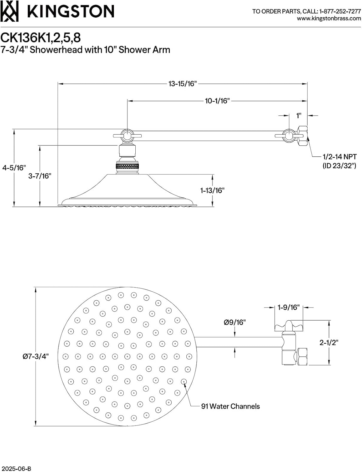 Kingston Brass CK136K2 Victorian 7-3/4-Inch Round Raindrop Brass Shower Head with 10-Inch High-Low Adjustable Shower Arm in Polished Brass