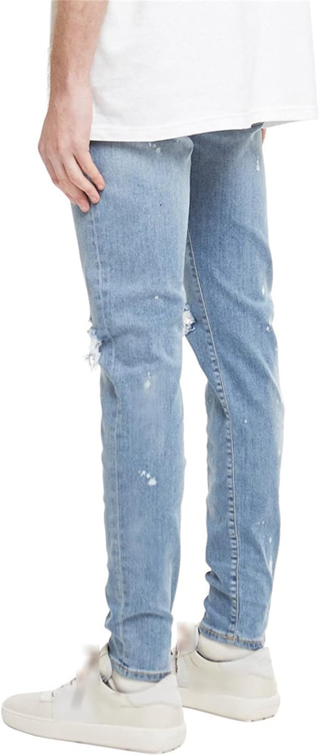 JEsilunmaMY Casual Denim Pants for Men Knee Hole Slim Fit Stretch Ripped Skinny Jeans Washed Distressed Destroyed Trousers