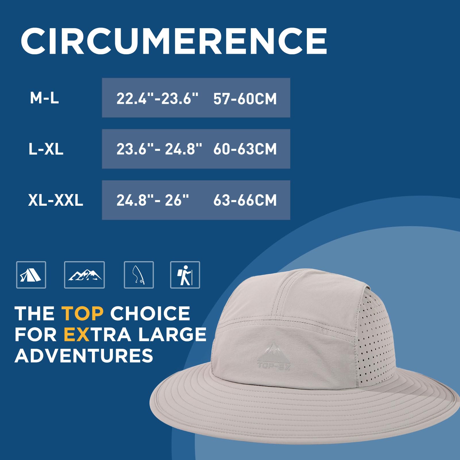 Top-Ex Breathable Oversized XL XXL Waterproof UPF50+ UV Protection Packable Fishing Sun Hats for Men Chin Strap