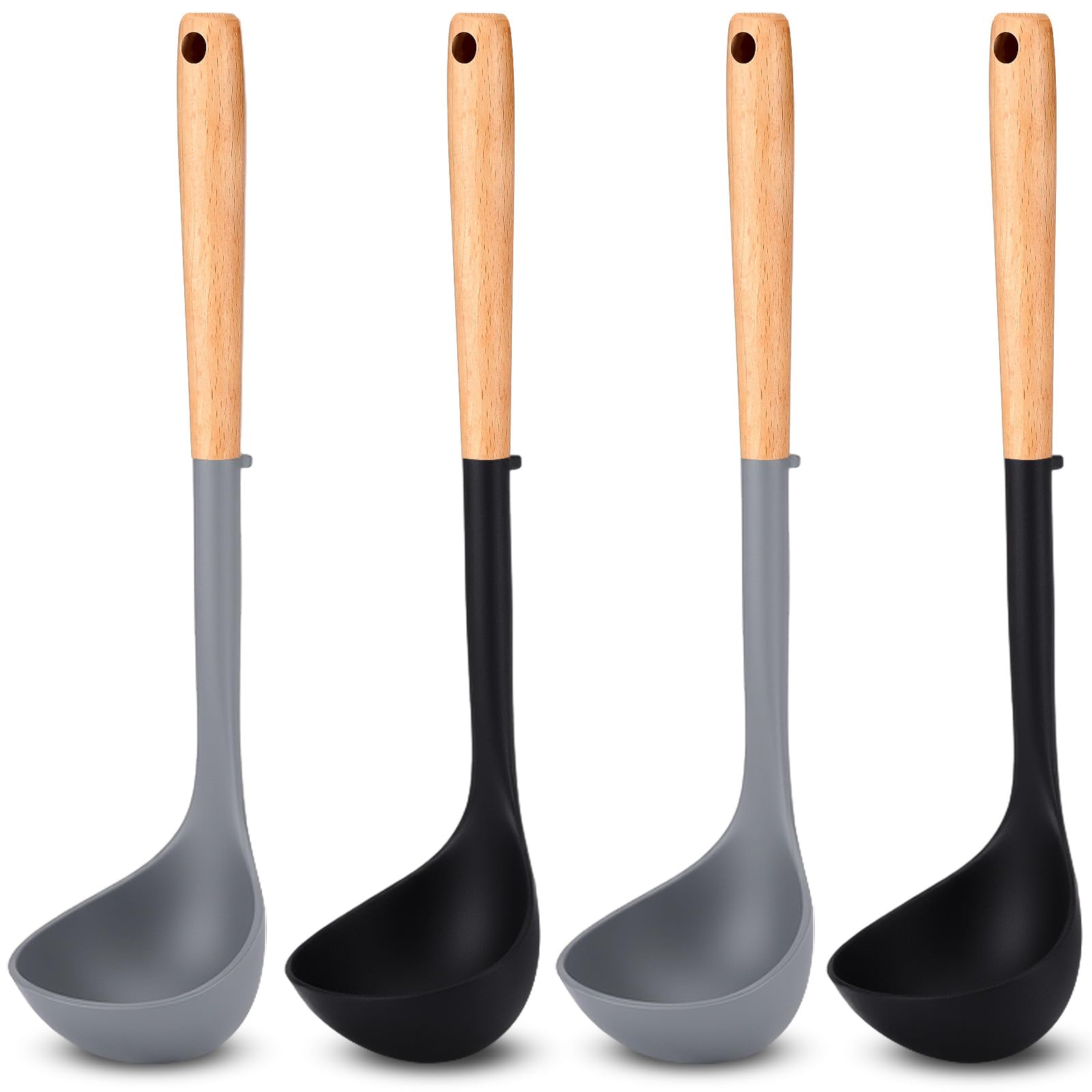 Reallnaive 4 Pcs Ladle Spoon Silicone Large Spoon for Soup with Wooden Handle 13 Inch Heat Resistant Non Stick Seamless Deep Rubber Ladle for Home Cooking Kitchen Utensils