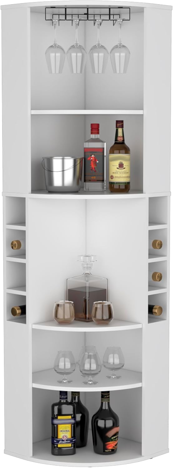 Corner Bar Cabinet with Five Shelves, Eight Bottle Cubbies and Steamware White