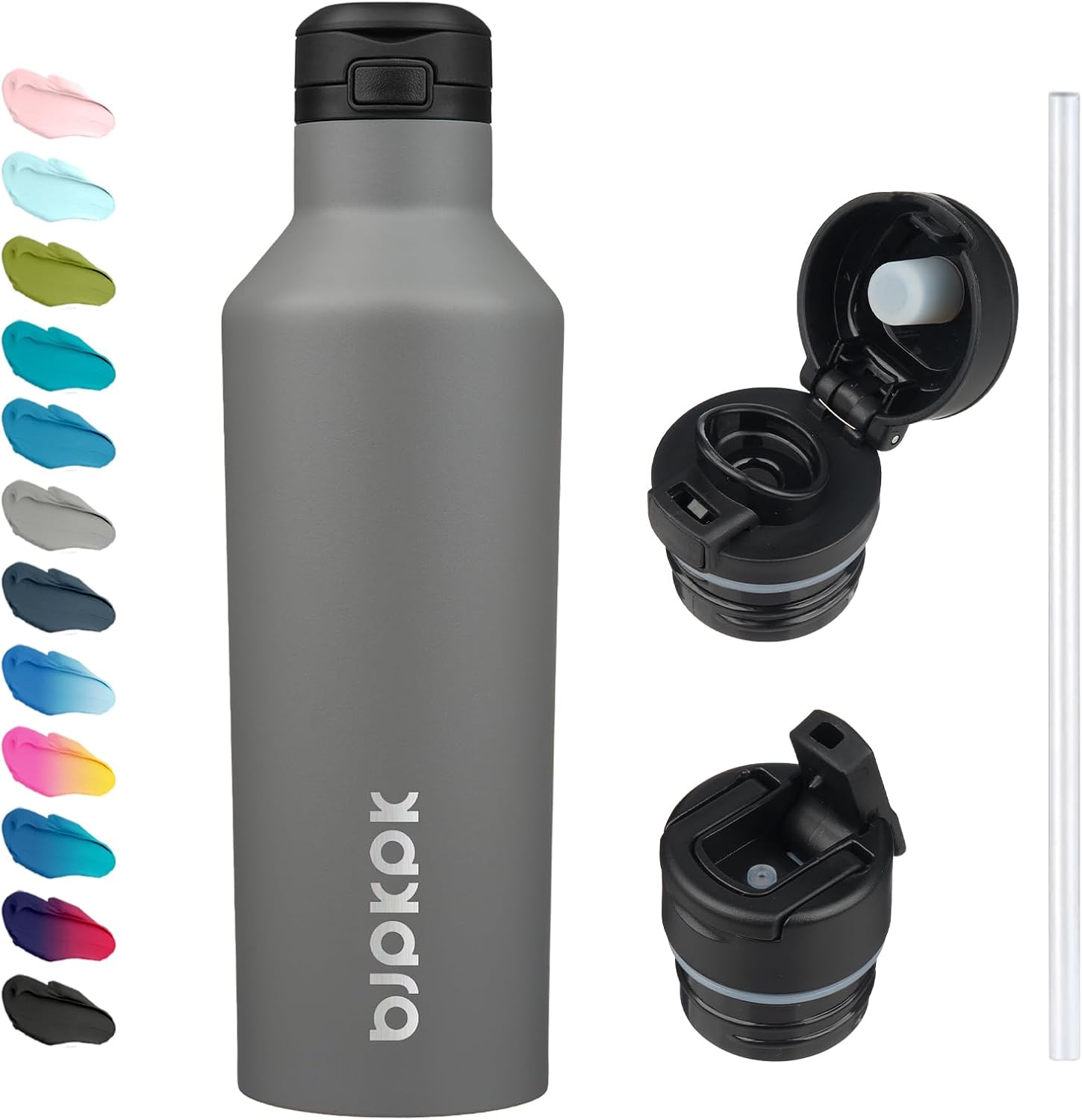 BJPKPK Insulated Water Bottle With Straw 25oz Stainless Steel Water Bottles With 2 Lids And Carry Handle Reusable Travel Metal Thermal Flask,Grey