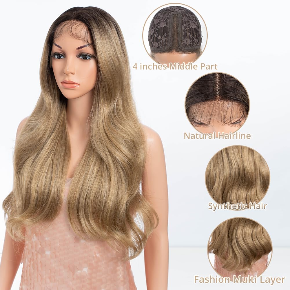 Style Icon Synthetic Lace Front Wig with Curtain Bangs 24 inch Long Wave Wig for Women Ombre Blonde Layered Wigs with Bangs Pre Plucked with Baby Hair 13x4x1 Middle Part 150% Density - Image 2