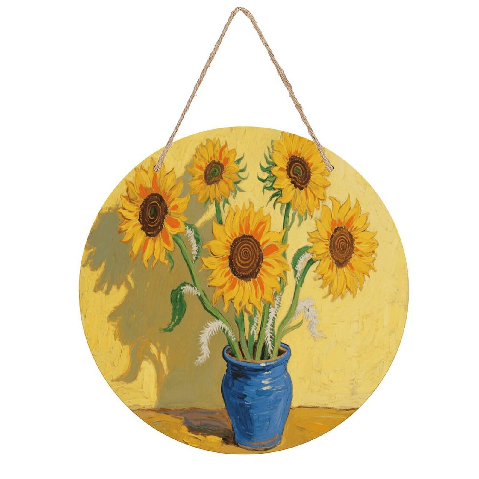VstaDank Sunflower Wall Decor Round Wood Hanging Sign 7.9x7.9 in Wooden Circle Door Hanger with Ropes, Rustic Wall Art Decor for Home Front Door Indoor Outdoor Decoration