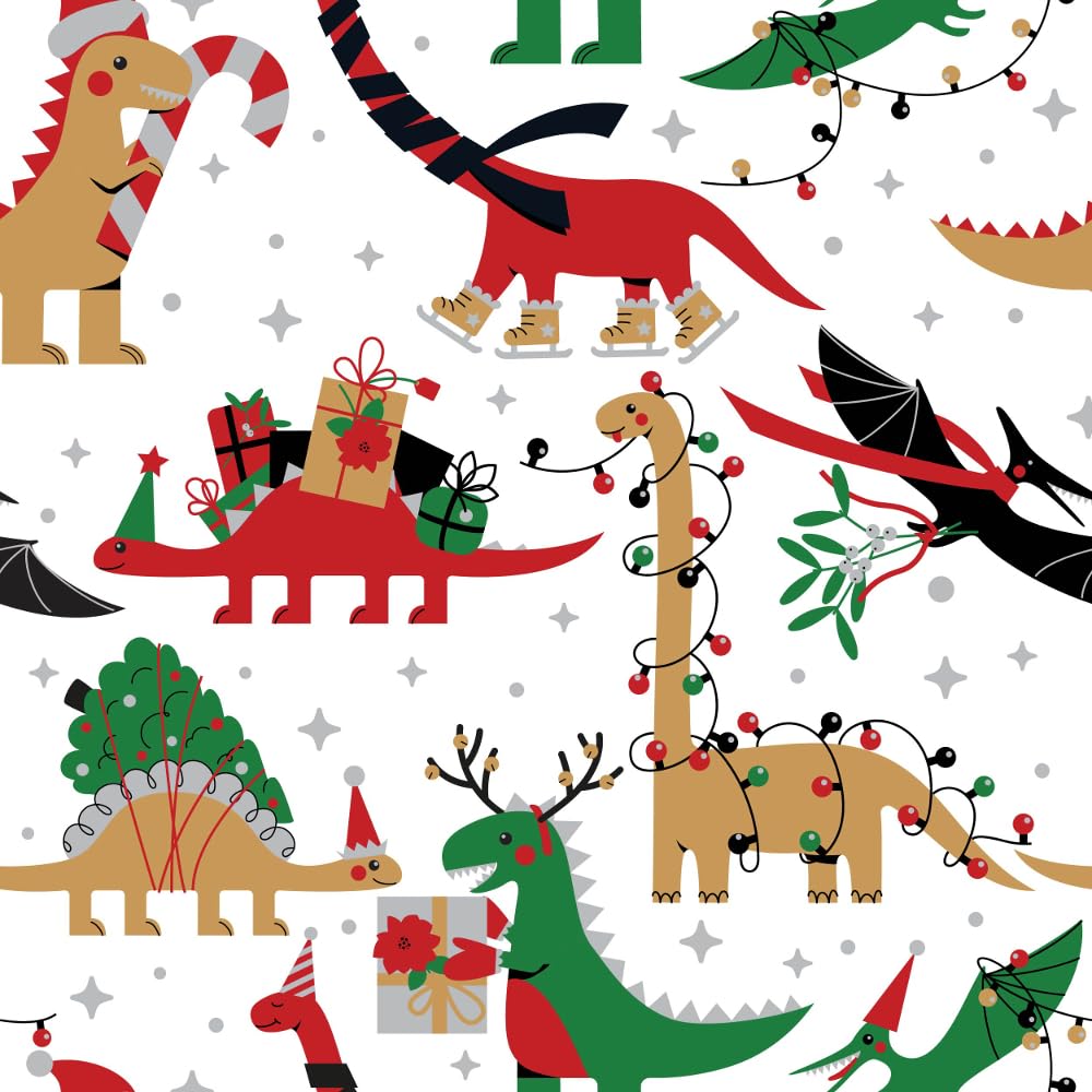 Oh Sew Crafty Limited White Polycotton Fabric Deco Dinos Dinosaur Lights Party Christmas Festive (Sold Per Metre) (White)