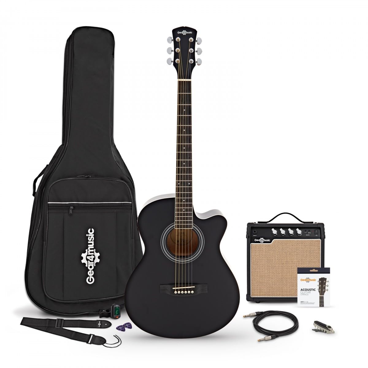 Chitarra Elettroacustica Cutaway Nera, Ampli 15W e Accessori | Manico a C Comodo per Principianti, Preamplificatore EQ 3 Bande Integrato, Ampli 15W e Pacchetto Accessori Completo Incluso