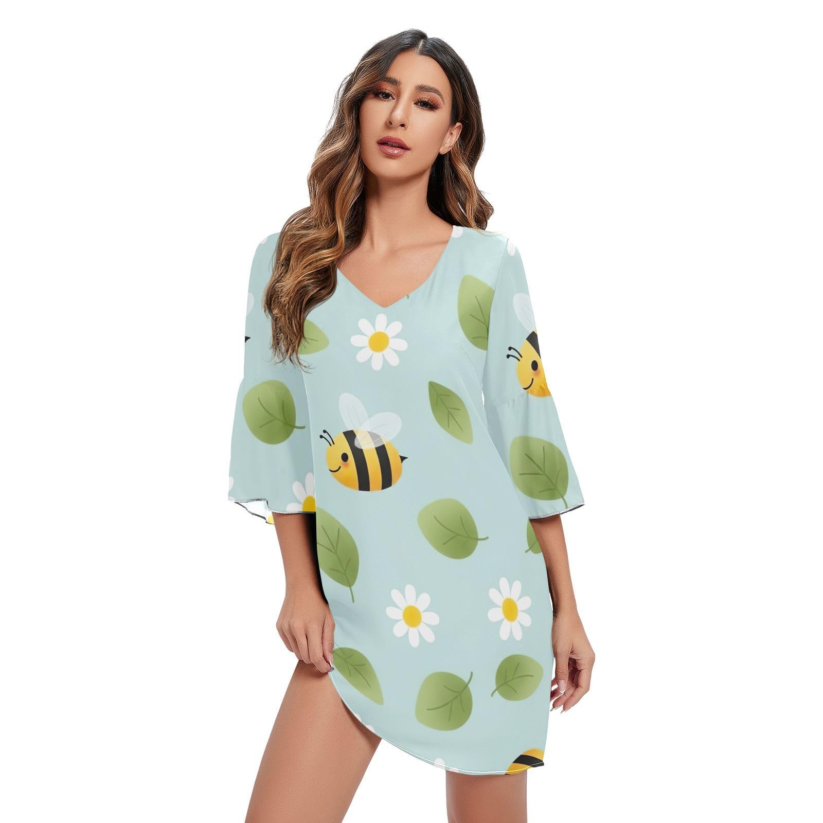 Robe décontractée rayée fluide imprimé fleurs abeilles manches 3/4 col rond